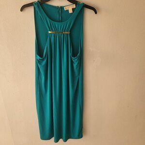 Michael kors gold gathered front aqua sleeveless dress size L